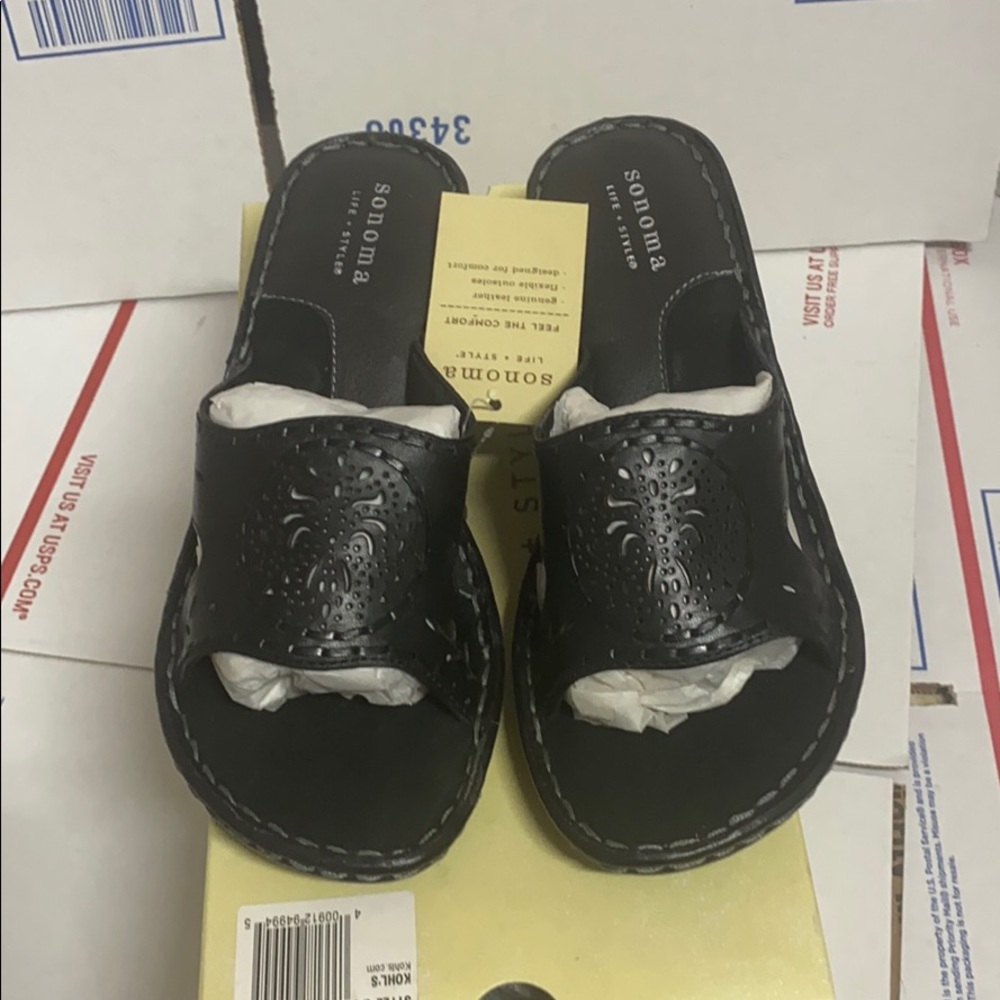 333 New Sonoma laurette black leather sandal slide on heel dress women's shoe 6 - Picture 2 of 9